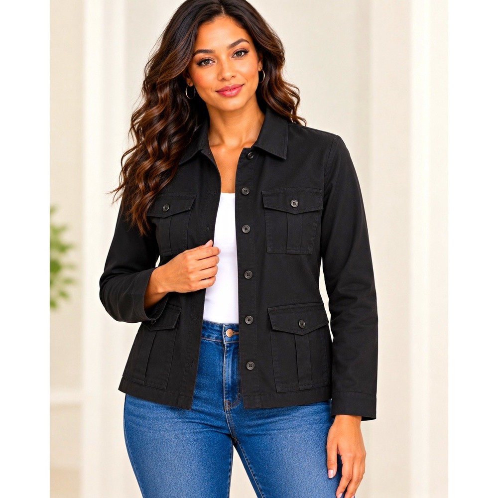 7th Avenue Design Studio Women's Black Utility Jacket Button Front Pockets M